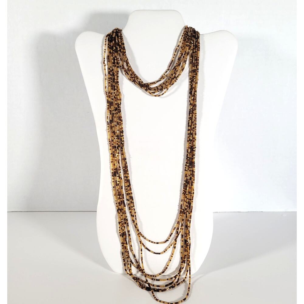 48" Long Brown Tan Seed Bead Necklace Boho Multistrand India Handmade  NEW